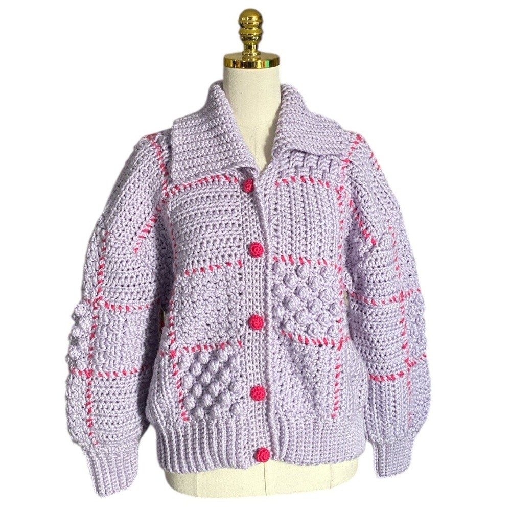 Handmade Knit Crochet Patchwork Granny Cardigan with Pink Stitching & Buttons M